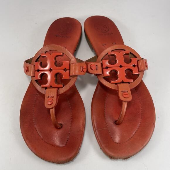 Tory Burch Miller Cloud Logo Sandals Womens Size 6.5 M Orange Leather - Picture 1 of 9